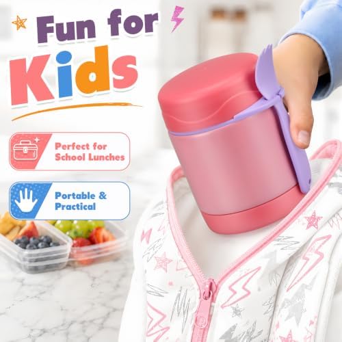 10oz Soup Thermo for Hot Food Kids,Lunch Thermo Kids Food Jar with Spoon Hot Insulated Food Containers,Leak Proof Stainless Steel Wide Mouth Lunch Thermo Jar for School(Pink)