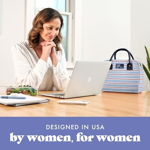 Fit & Fresh Bloomington Lunch Bag for Women - Insulated Large Lunch Box for Work with Containers, Leak-Resistant, Stain-Resistant, Zipper Closure, Rowing Stripe Blue