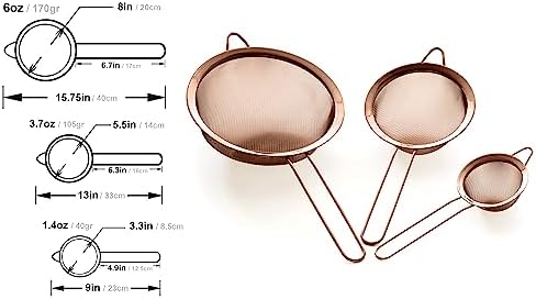 Strainer Set Fine Mesh – Premium 304 Stainless Steel (18/8) – 8″, 5.5″ and 3.3″ Sturdy Kitchen Strainers (Copper)