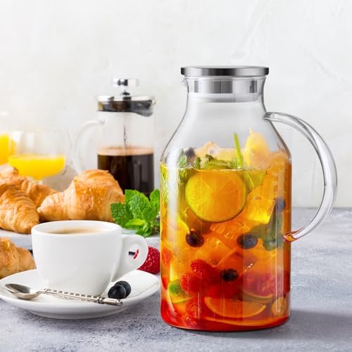 Bivvclaz 3 Liter 101 oz Glass Pitcher with Lid and Handle, Water Pitcher for Fridge, Glass Carafe for Hot/Cold Water, Large Iced Tea Jug for Coffee, Juice and Homemade Beverage