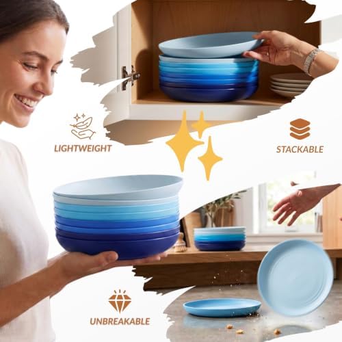Homienly Dessert Plates Set of 8-8 inch Plate Set Wheat Straw Plates for Kitchen Unbreakable Plate for Dessert, Appetizer,Pancakes, Microwave & Dishwasher Safe Kitchen Essentials(Blue Series)