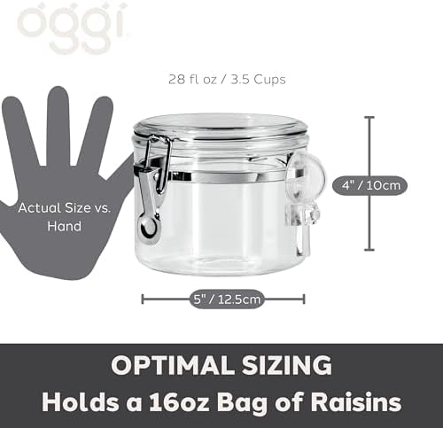 OGGI Clear Canister Airtight 28oz - Clamp Lid & Spoon - Airtight Food Storage Containers, Ideal for Kitchen & Pantry Storage of Bulk, Dry Food Including Flour, Sugar, Coffee, Rice, Tea, Spices & Herbs