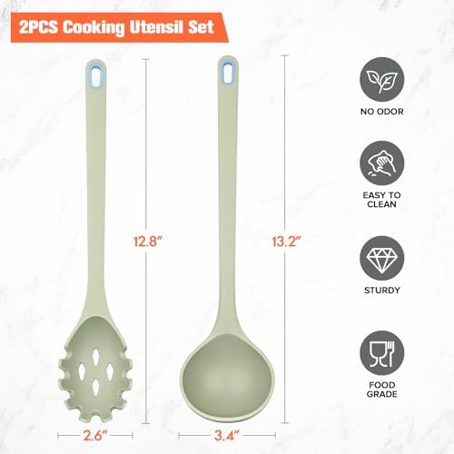 Silicone Spaghetti Spoon & Soup Ladle Cooking Utensils Set of 2 (Green)