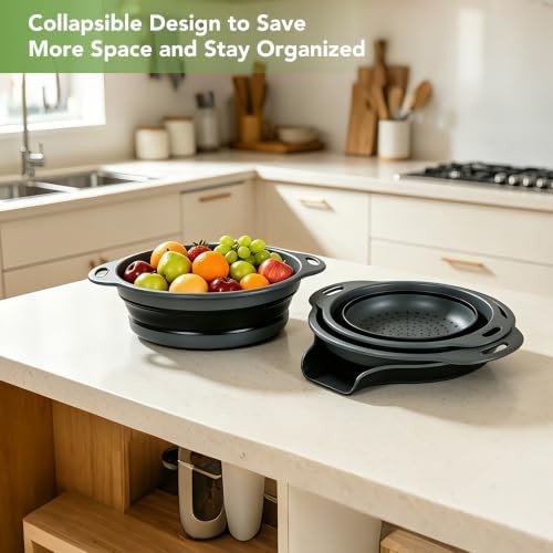 3-Pack Collapsible Colander for Kitchen with Self-Draining Base,Black