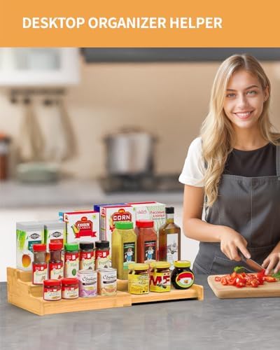Spice Rack 3-Tier Natural Bamboo, Adjustable Cabinet Organizer Shelf