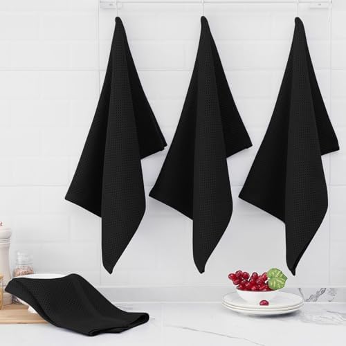 Homaxy 100% Cotton Oversized Waffle Weave Kitchen Towels 8-Pack, Black