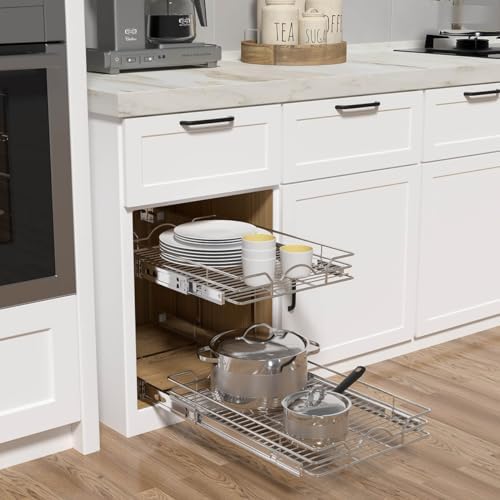 OCG 2 Tier Pull Out Cabinet Organizer (18.5" W x 18" D), Pull Out Drawers for Kitchen Cabinets, Pull Out Shelves for Base Cabinet Organization in Kitchen Bathroom Pantry, Chrome Finish