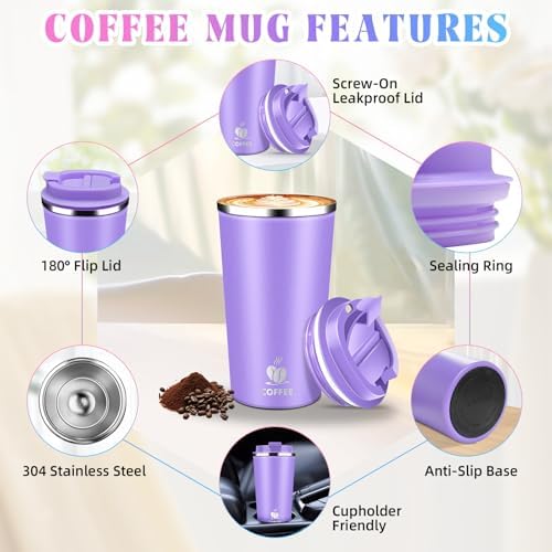 17oz Insulated Travel Coffee Mug with Flip Lid – Leakproof Stainless Steel Insulated Coffee Tumblers, Reusable Coffee Cup for Hot & Cold Drinks, Perfect for Camping & On-the-Go
