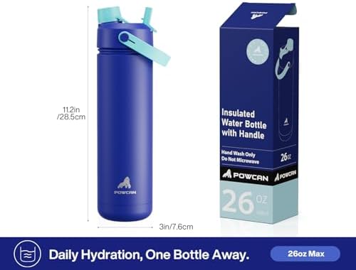 POWCAN 26 oz Insulated Water Bottle with 2-in-1 Straw and Spout Lid, Keep Cold 24H, Leak-Proof, Fits in Car Cup Holder, Stainless Steel Water Bottle for Sports, Travel, Gym, and School (Coastline)