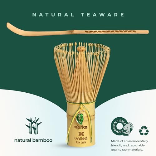 Aprika Life Matcha Whisk Set 6 Pcs - Ceramic Matcha Bowl, Bamboo Whisk, Matcha Whisk Holder, Scoop, Sifter & Tea Cloth - Traditional Handmade Matcha Set - Unfurl Black with Cat print