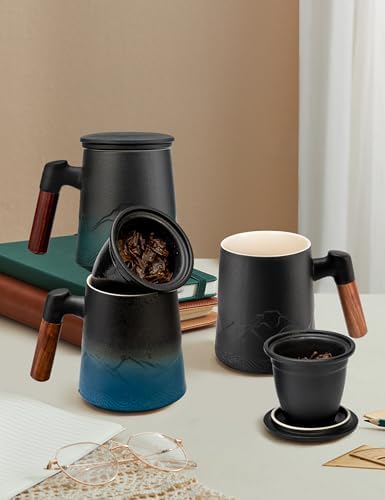 suyika Tea Cup with Infuser and Lid, Gradient Black & Blue, 15.2oz /450ml