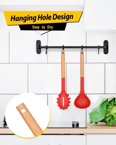 BUNDLEPRO Silicone Soup Ladle and Pasta Spoon Set with Wooden Handle