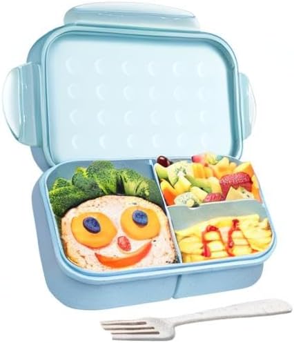 Wheat Straw Lunch Box, Leakproof 3-Compartment Bento Box for Kids & Adults, BPA-Free, Microwave & Dishwasher Safe, 5.5 Cup/1400 ml, Blue