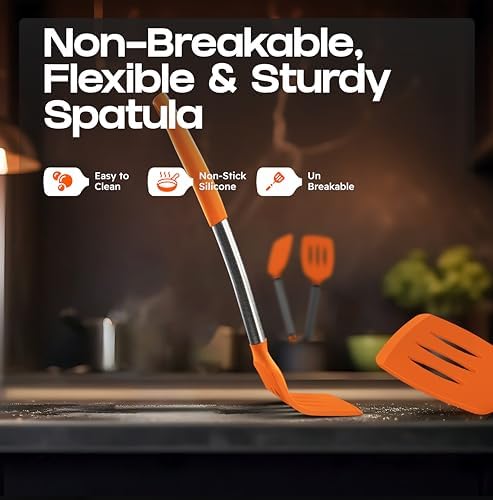 BakeRoyal Silicone Spatula Set - Turner Spatulas Silicone Heat Resistant 600°F - Slotted & Solid Silicone Spatulas for Cooking Fish, Eggs, Pancakes Flipper – Silicone Cooking Utensils Set – Orange
