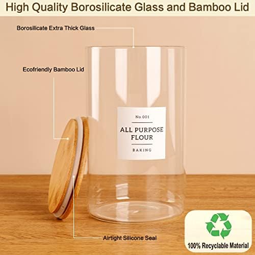 HHMJSM 1 Gallon Large Glass Food Storage Containers With Airtight Bamboo Lid - Kitchen Glass Storage Jars Canister With 42 Pantry Labels - Thicken Big Clear Rice Containers For Your Pantry