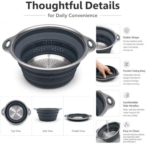 Mejoncb Collapsible Colander – Platinum Silicone Strainer with Stainless Steel Base, BPA-Free & Heat Resistant Kitchen Drain Basket (Gery)