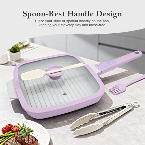 RANX INGST Nonstick Ceramic Griddle Pan with Lid, 10 Inch Steak Pan- Purple