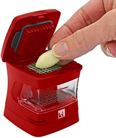 Garlic-A-Peel Garlic Press, Crusher, Cutter, Mincer, and Storage Container - Includes Silicone Garlic Peeler - Easy to Clean - Stainless Steel Blades – (Red), standard