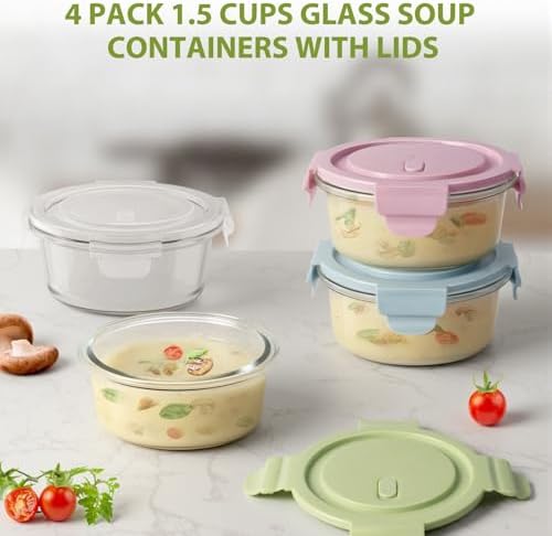 1.5Cup/12oz Small Glass Containers with Lids, Airtight Food Storage, 4 Pack