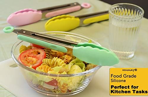 HINMAY 9-Inch Serving Tongs with Silicone Tips, Set of 3 (Mint Pink Yellow)