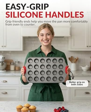 Boxiki Kitchen 24 Cup Mini Muffin Pan with Silicone Handles | Professional Non-Stick Cupcake Pan for Muffins, Cupcakes, Egg Bites, and More