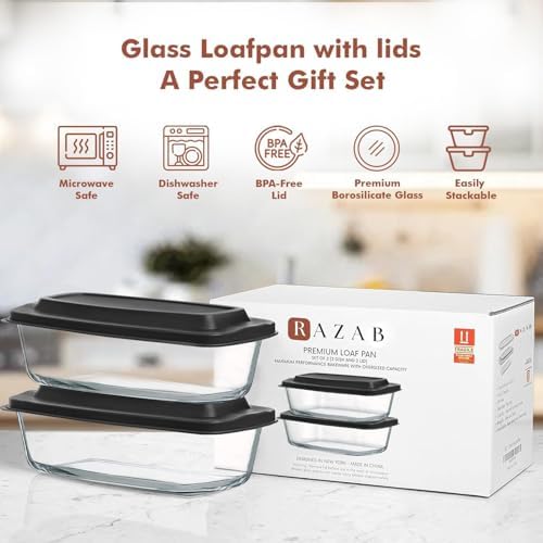 Razab (2 Pack 1800ml / 1.9 Qt Glass Loaf Pans with Lids for Homemade Bread