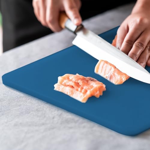 Dexas NSF Certified Polysafe Cutting Board with Handle and Juice Well, 12 x 18 inches, Reversible Kitchen Cutting Board, Blue