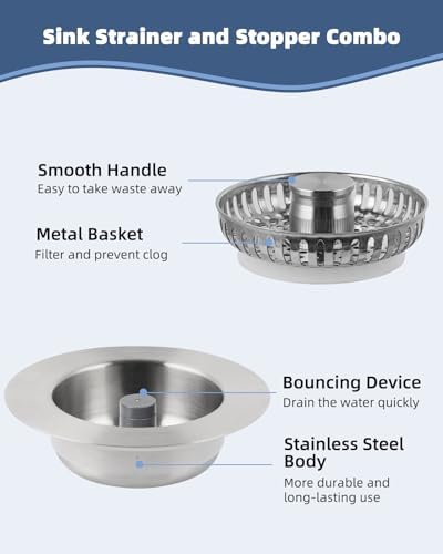 3-in-1 Kitchen Sink Strainer Stopper Combo, Universal Fit, All Metal