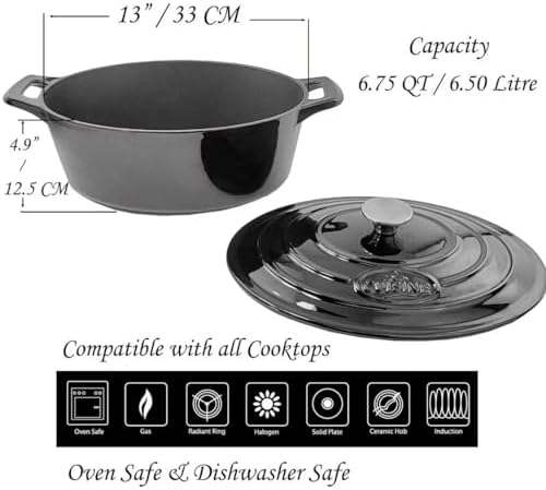 La Cuisine Enameled Cast Iron Oval Dutch Oven Casserole Pot with Lid 6.75 QT Internal Matte Black Enamel Coating for bread baking, GlassTop Oven-Safe 550°F/276°C, Glossy Black