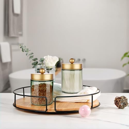 Amolliar Green Glass Apothecary Jar, Qtip Holder Bathroom Decor Gold 4 Pack