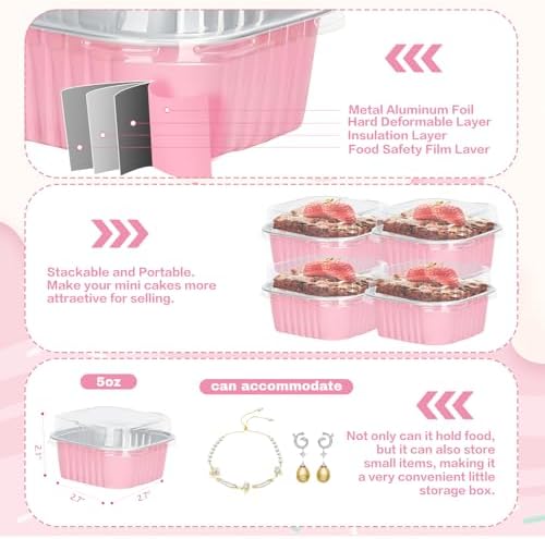 100Pack 5oz Pink Mini Cake Pans with Lids, Spoons and Stickers Baking Cups Aluminum Foil Pans Tins, Individual Dessert Cups Containers for Sales,Party,Picnics