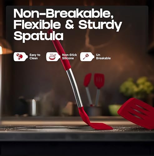 BakeRoyal Silicone Spatula Set - Turner Spatulas Silicone Heat Resistant 600°F - Slotted & Solid Spatula for Cooking Fish, Eggs, Pancakes Flipper – Spatulas for kitchen use – Red