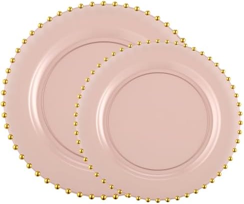 PLASTICPRO 128 Piece Combo Plastic Dinner Plates Disposable Plastic Fancy Heavy Duty Party Dishes 7 inch and 10 inch, Translucent Rose and Gold Beaded