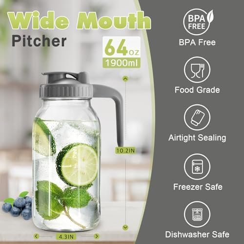 2 Pack Mason Jar with Pour Spout Lid V-shaped, 64 oz Sun Tea Jar Double Leak Proof, 2 Quart Drink Pitcher for Breastmilk, Sun Tea, Juice, Coffee Creamer, Iced Tea Pitcher