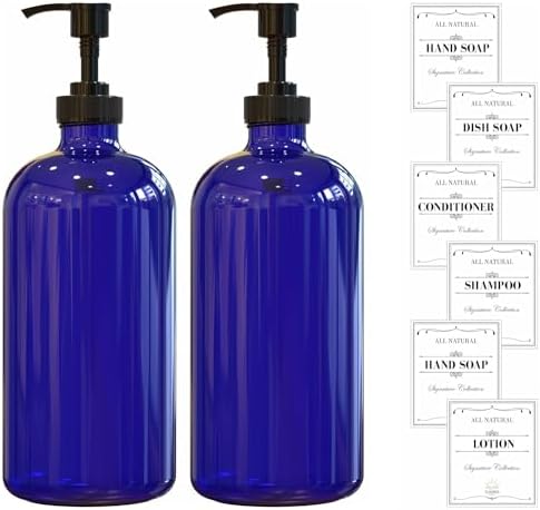 Sunrise Premium Cobalt Blue Glass Soap Dispenser with Pump, 2 Pack