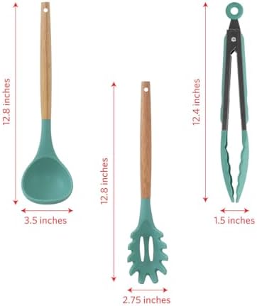 Glad Silicone Kitchen Utensils Set, 8pcs - Nonstick Cooking Tools with Wooden Handles and Utensil Holder - Spatula Set with Turner, Ladle, Spoons, Tongs, and Spaghetti Server - Teal Green