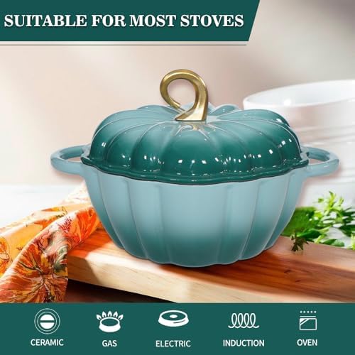 Pumpkin Enameled Cast Iron Dutch Oven with Lid, 4.5 QT Dual Handles and Heavy Duty Pot, Oven Safe up to 500°F for Bread Baking, Braising, Cooking and Family Gifts, Cyan