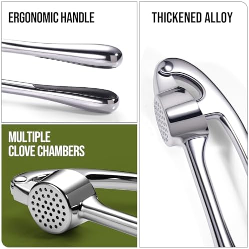 Kitchen Garlic Press, Rust Proof & Dishwasher Safe Garlic Mincer, Durable Garlic Crusher, Easy to Clean and Squeeze, Chrome