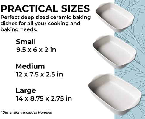 Saffron & Sage Casserole Dish Set of 3 - Baking Dishes for Oven, Contemporary White Ceramic Baking Dish Set, Heavy Duty Bakeware, Up to 500° High Heat Resistant, Dishwasher, Freezer and Food Safe