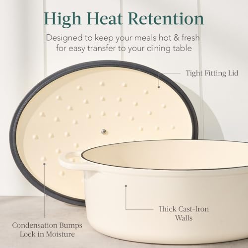 Best Choice Products Oval 7.5 Quart Enamel Cast-Iron Dutch Oven, Heavy-Duty Pre-Seasoned for Baking, Cooking w/Side Handles – Vanilla Buttercream