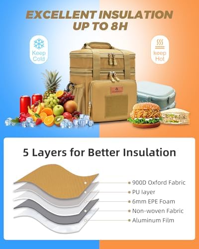 HSHRISH Expandable Large Tactical Lunch Box for Adults, Double Deck Durable Insulated Lunch Bag, Leakproof Cooler Bag Lunch Pail for Men Work Outdoor Picnic Trips, 24Cans/15L(Brown)