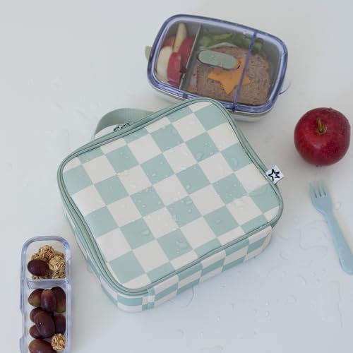 Tiny Twinkle Insulated Lunch Box for Girls and Boys | Durable and Reusable for School & Travel | Ages 3 and Up | Waterproof and Easy to Clean | PFAs and BPA Free(Sage Checkers)