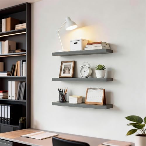 BAYKA Grey Floating Shelves 22.5in, Set of 3, Wall Mount Rustic Wood Shelf