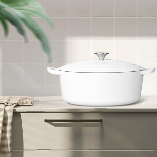Leonyo 7-Quart Enameled Cast Iron Oval Dutch Oven Pot with Lid, White