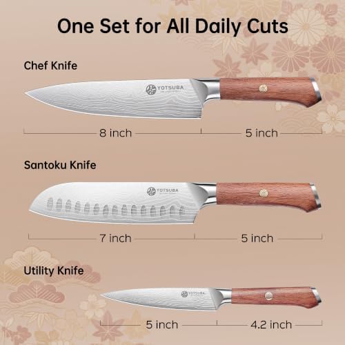 YOTSUBA 3 PCS Japanese Kitchen Knife Set with Full Tang Rosewood Handle