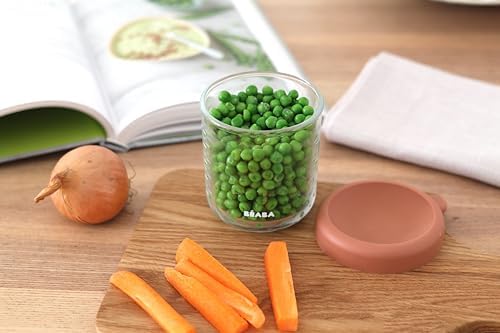 BEABA 8 oz Glass Baby Food Jars with Soft Silicone Air Tight Lids, Glass Storage Containers with Lids, Microwave and Freezer Safe Containers, Terracotta