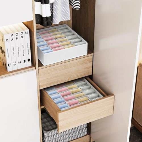 joyoldelf Sock Organizer Drawer Organizer - 2 Packs Underwear Organizer, 48 Cells Collapsible Closet Organizers and Storage Sock Holders Organizers for Storing Socks, Ties, Belts(White)