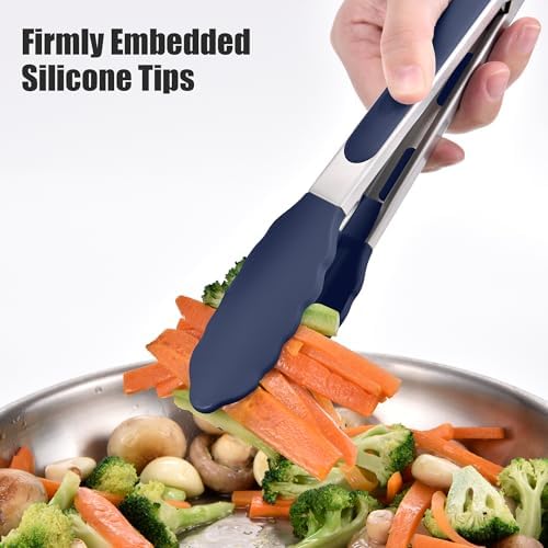 Doosu Kitchen Tongs with Silicone Tips for Cooking Serving (9+12in, Navy)