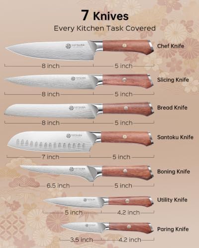 YOTSUBA 7PCS Japanese Kitchen Knife Set with Genuine Natural Rosewood Ergonomic Handle & Gift Box, Professional Ultra Sharp High Carbon Stainless Steel Knives for Cooking