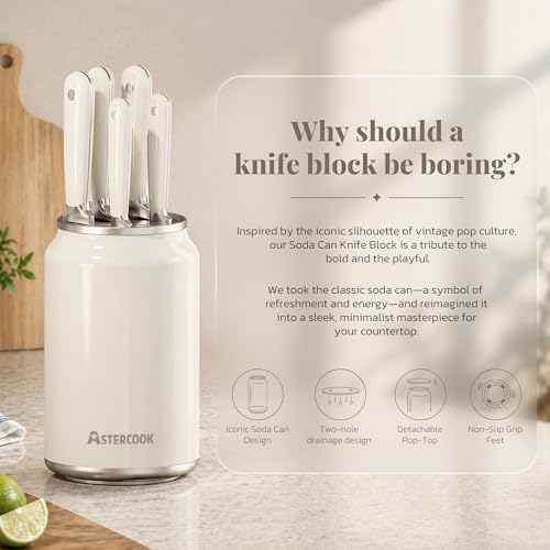 Astercook 6-Piece Kitchen Knife Set with Soda Can-Inspired Block, Full Tang High Carbon Stainless Steel Knives, Retro Cream Design & ABS Handles Knife Sets, Perfect Holiday Gifts for Kitchen